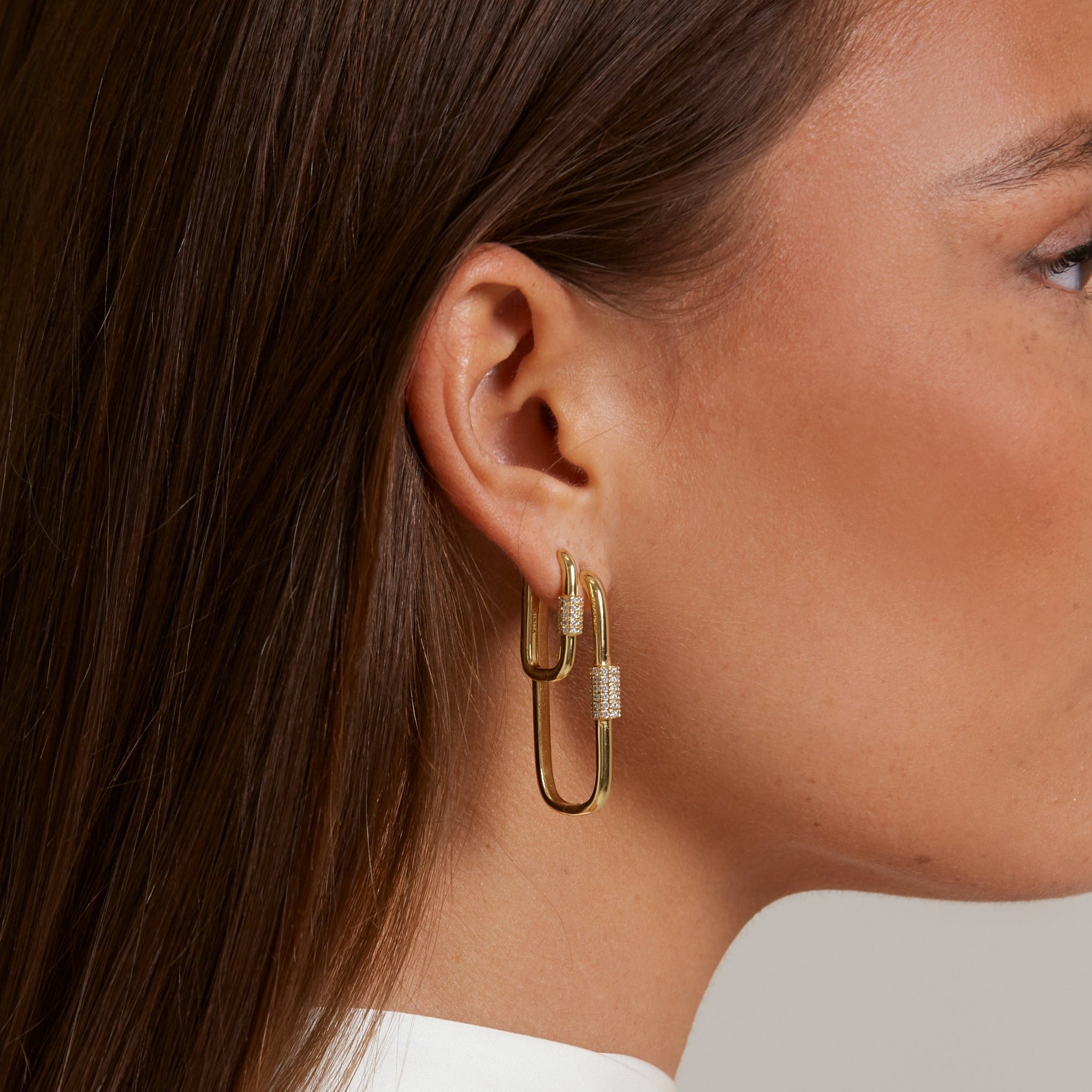 Mini Diamante Detail Carabiner Earrings (Gold)