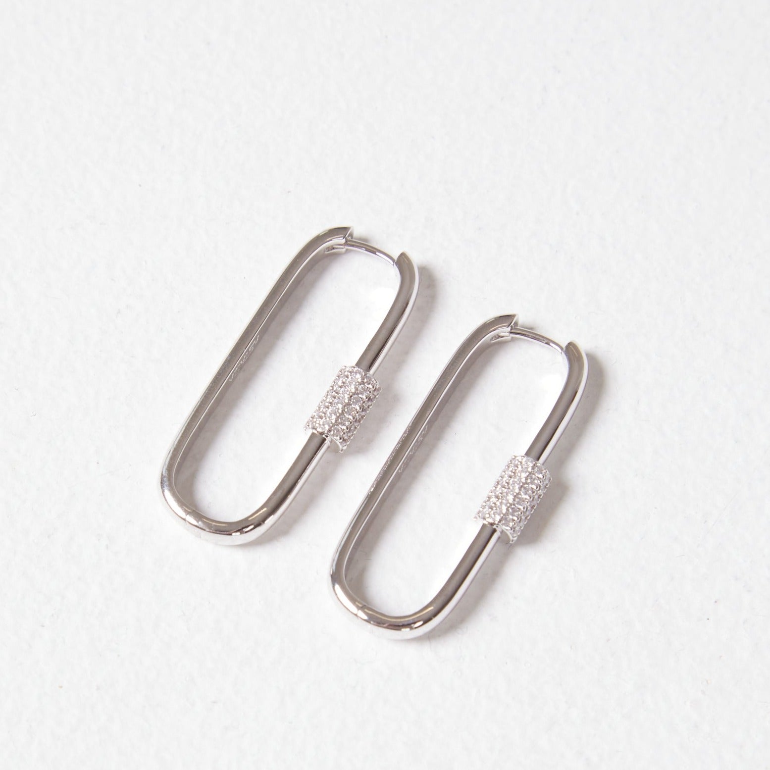 Long Diamante Detail Carabiner Earrings (Silver)