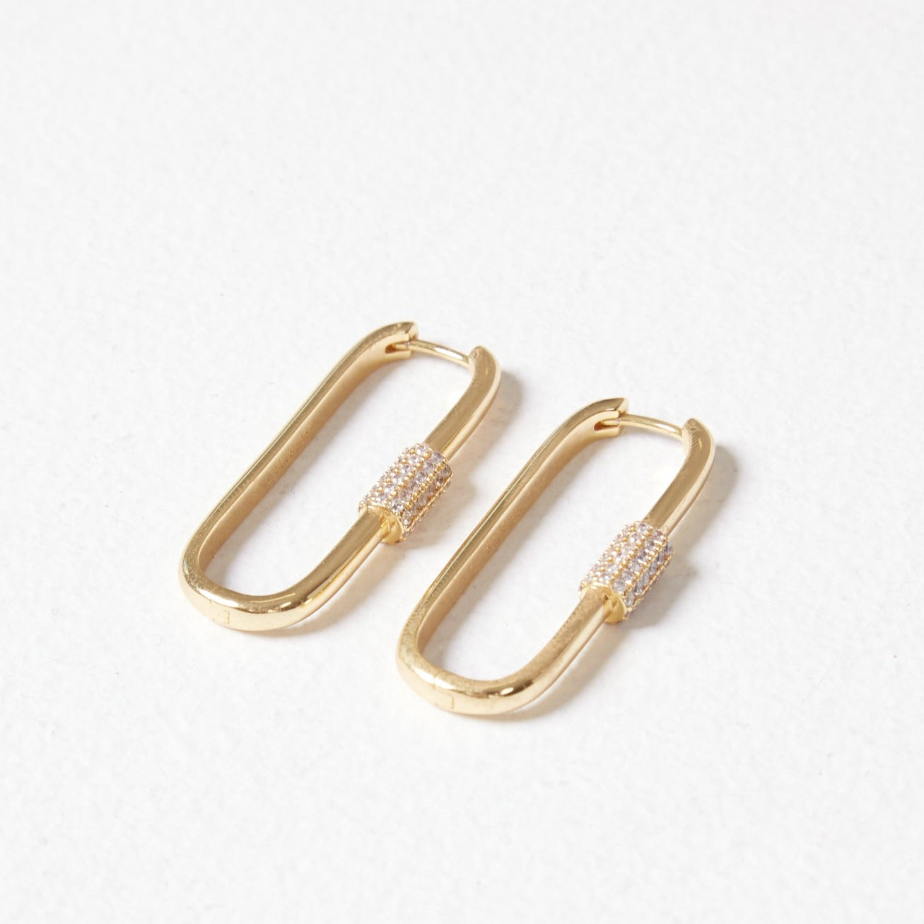 Long Diamante Detail Carabiner Earrings (Gold)